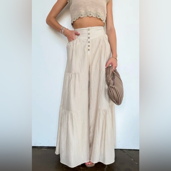 Polagram Pants - Polagram Tiered Tide Flowy Wide Leg Boho Palazzo Pants - Tan/Beige - L